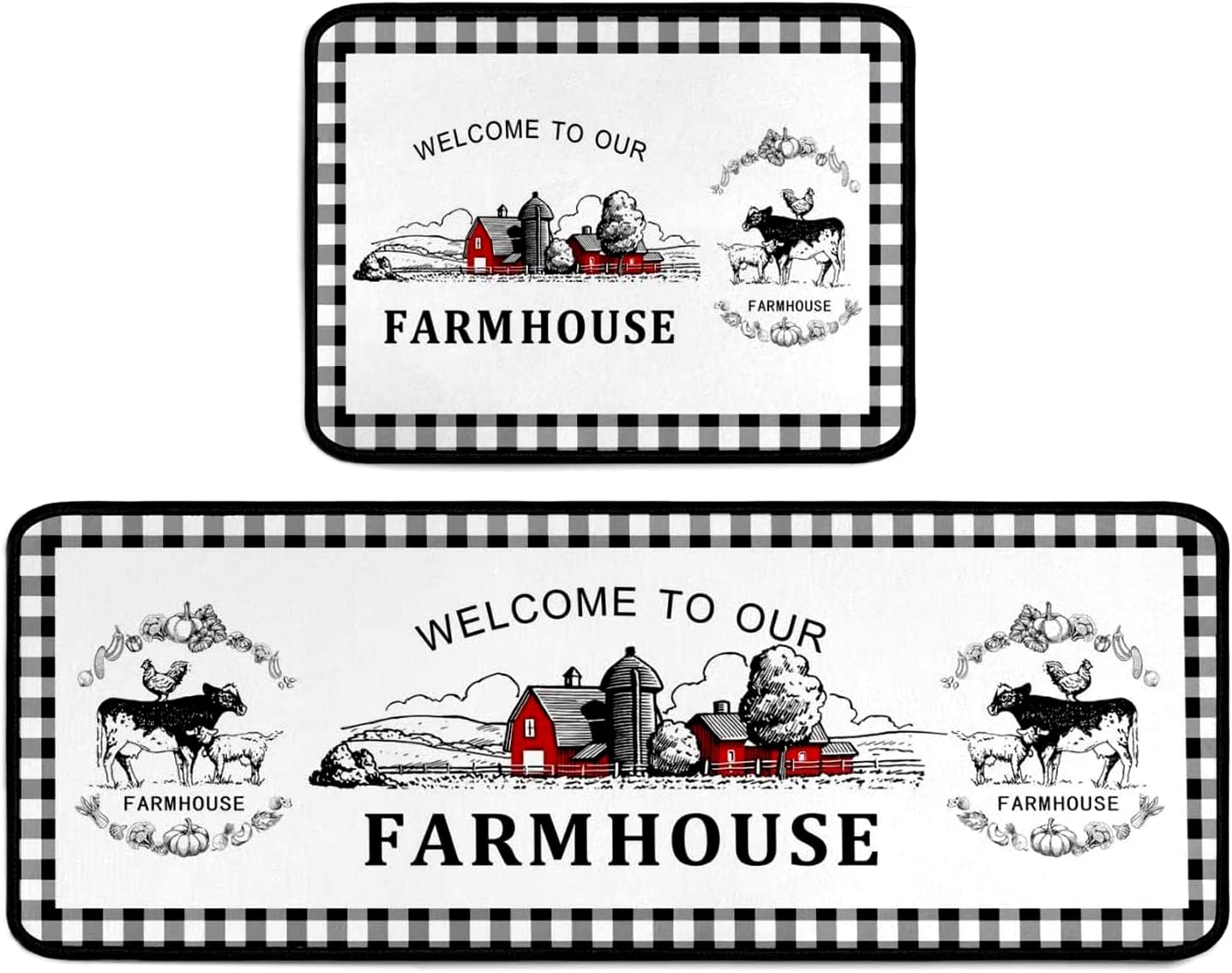 Buffalo Plaid Kitchen Rugs Rustic Decor Cow Set of 2, Black and White