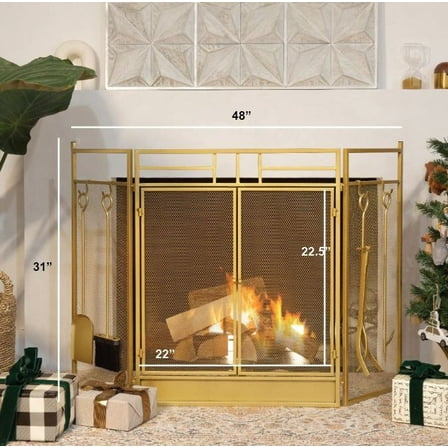 LYYHTY 48" 3-Panel Foldable Fireplace Screen - Gold Finish, with 4-Piece Fireplace Tool Set (Suitable for Home Fireplace Protection & Decoration)​