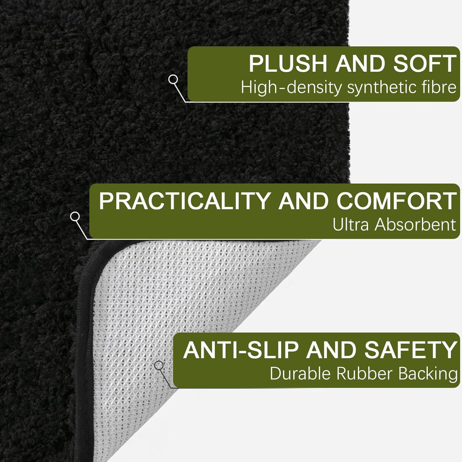 Luxury Long Bathroom Runner Rug, 24x84 Inch Thick Soft and Absorbent Microfiber Non Slip Bath Mat, Rubber Backing Quick Dry Rugs Carpets, Washable Plush Mats for Shower Floor, Black