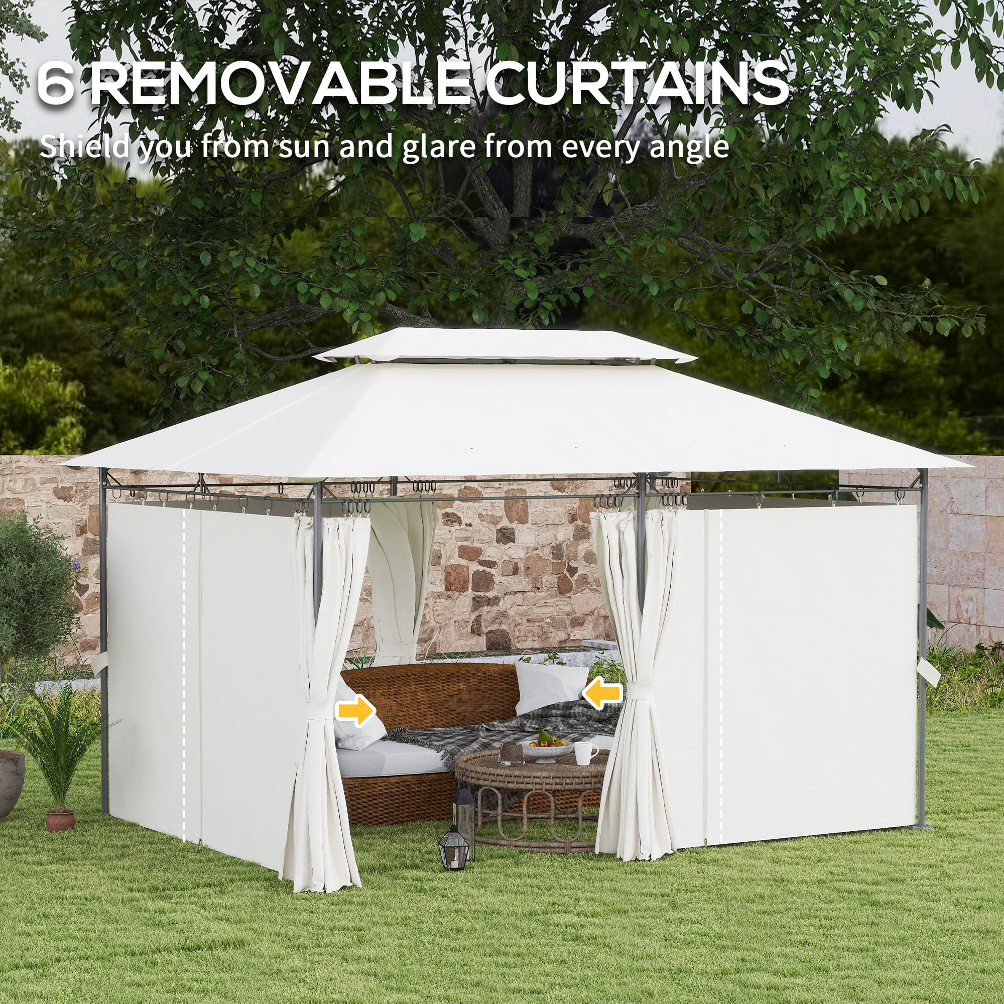 Outsunny 10' x 13' Patio Gazebo, Double Roof Outdoor Gazebo with Curtains and Metal Frame for Garden, Lawn, Backyard and Deck, Cream White