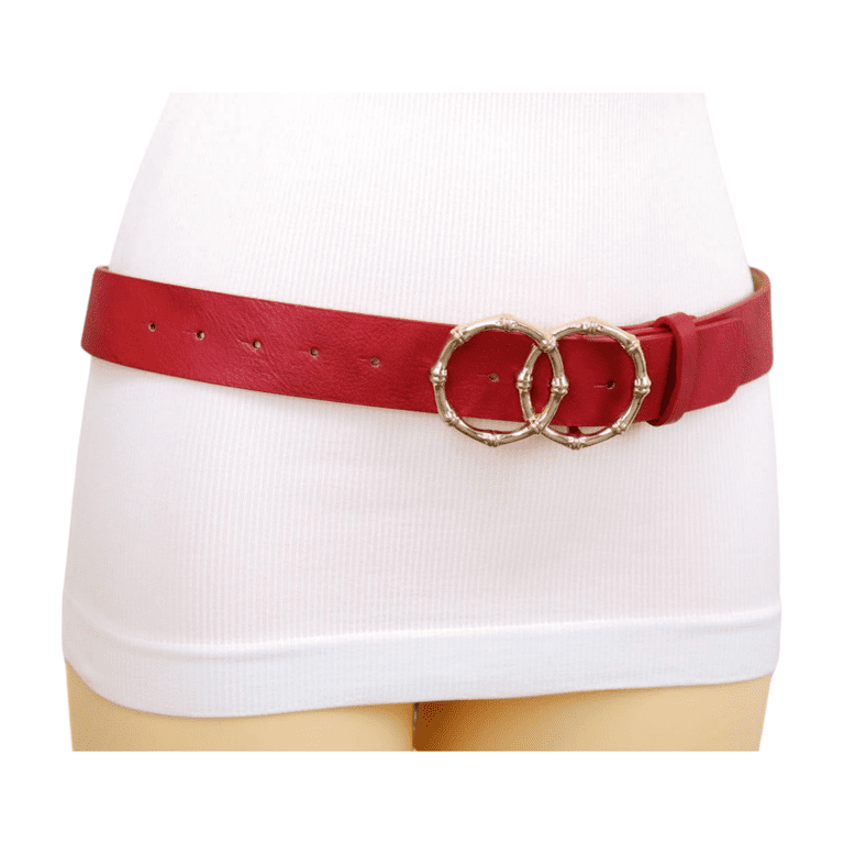Women Leather Belt with Circle Gold Buckle Fashion Ladies Waist Belt Red Gold Amazon.com: Women Red Faux Leather Fashion Belt Waist Hip  main image 2