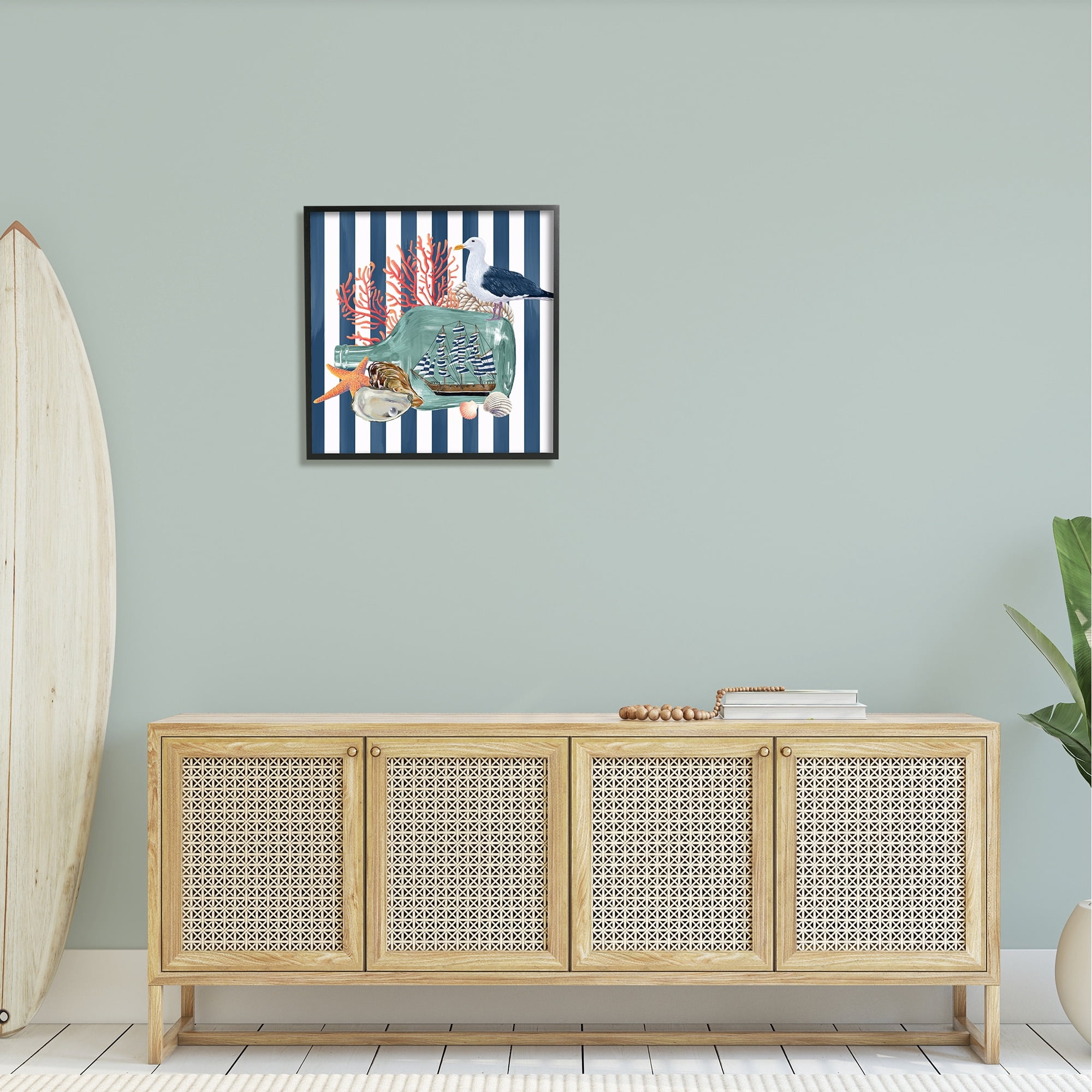 Stupell Industries Ship In Bottle Perched Seagull Marine Life Stripes Graphic Art Black Framed Art Print Wall Art, Design by Raquel Maciel