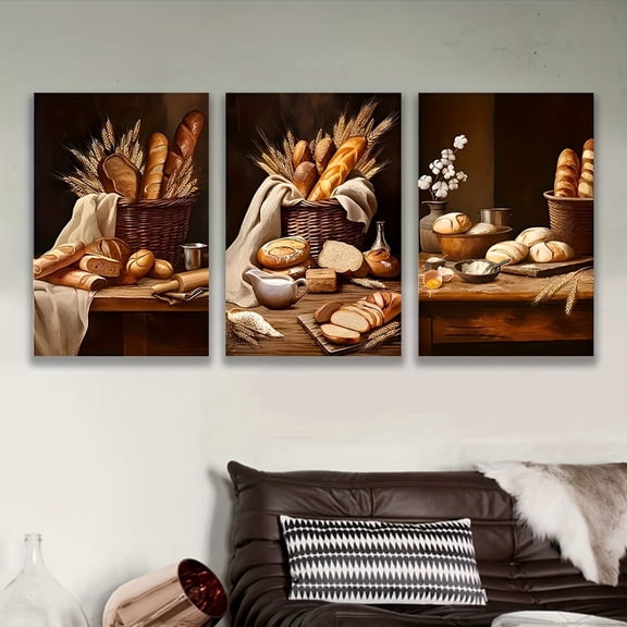 2D Flat 3pcs, decorative painting--frameless, Bread Basket Still Life: Rustic Farmhouse Decor with Fresh Loaves and Wheat, Holiday gifts, birthday gifts, Mothers Day, Fathers Day, home decor, 2D/Fla