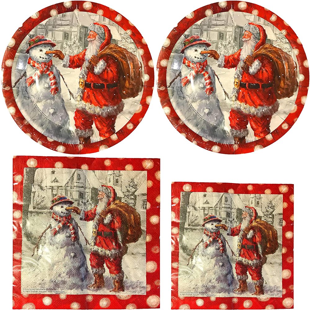 Christmas Holiday Santa Snowman Paper Plates & Napkins (16 Small Plates
