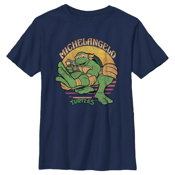 Boy's Teenage Mutant Ninja Turtles Distressed Michelangelo in Action Graphic Tee Navy Blue X Large