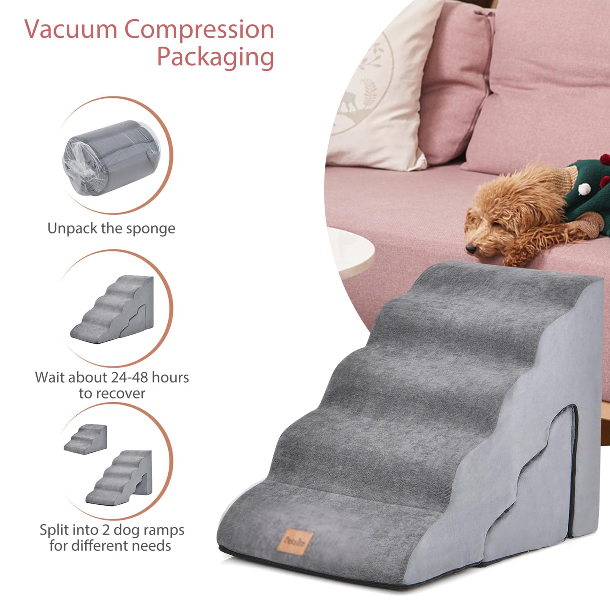 resenkos 33" Dog Stairs for Small Pets with High-Density Sponge and Silicone Paw Prints, 5-Step Dog Ramp for Beds and Couch, Gray