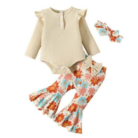 

Kid Toddler Girl Outfits Cute Baby Clothing Sets Long Sleeve Ribbed Romper Bodysuit Floral Prints Bell Bottoms Pants Comfortable Outerwear Suits Beige 6-12 Months