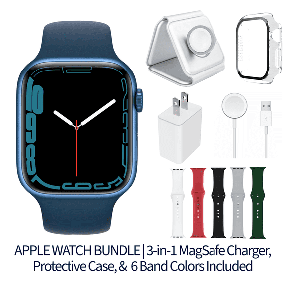 Restored Apple Watch Series 7 Bundle – 45mm Gps Blue (2021) – Magnetic Charger & Sport Band Included (Refurbished)
