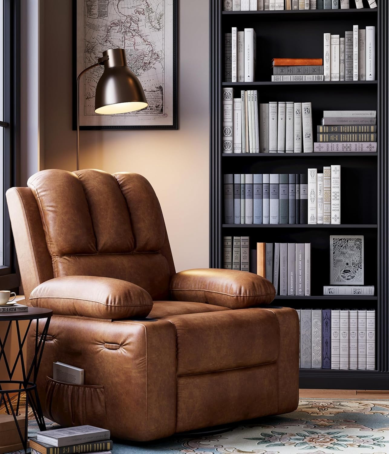 22’’ Rocker Recliner Chair, Lazy Boy Recliner Chair with 1.5X Sponge Filling, PU Leather Swivel Recliner with Side Pockets and Cup Holders, for Living Room, Bedroom, Nursery, Vintage Leather