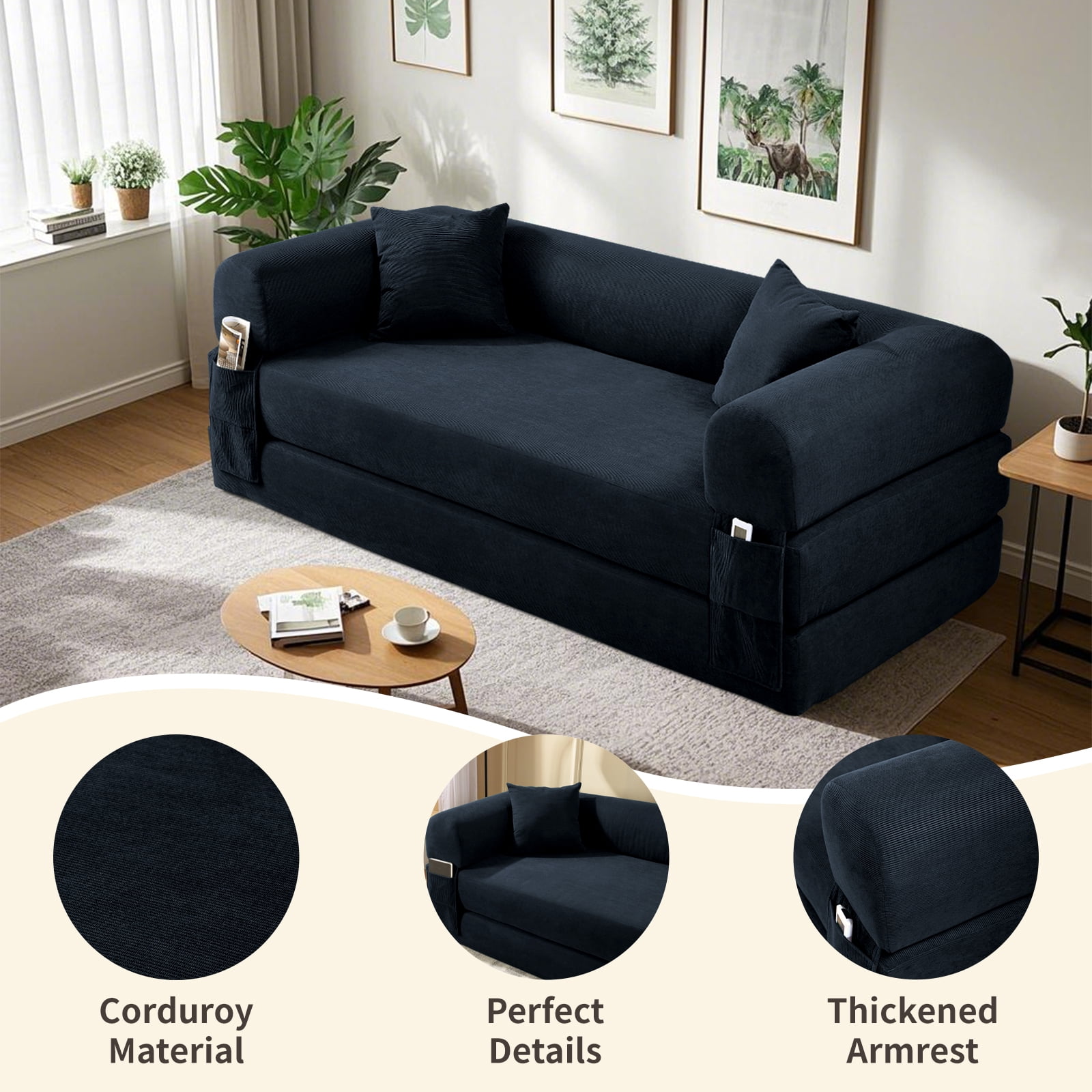3 in 1 Convertible Sofa Bed, 80" Corduroy Folding Pull Out Couch with 2 Pillows, Floor Sofa with Side Storage for Living Room, No Assembly Modern Boneless Couch Compression Sofa, 35.4"W