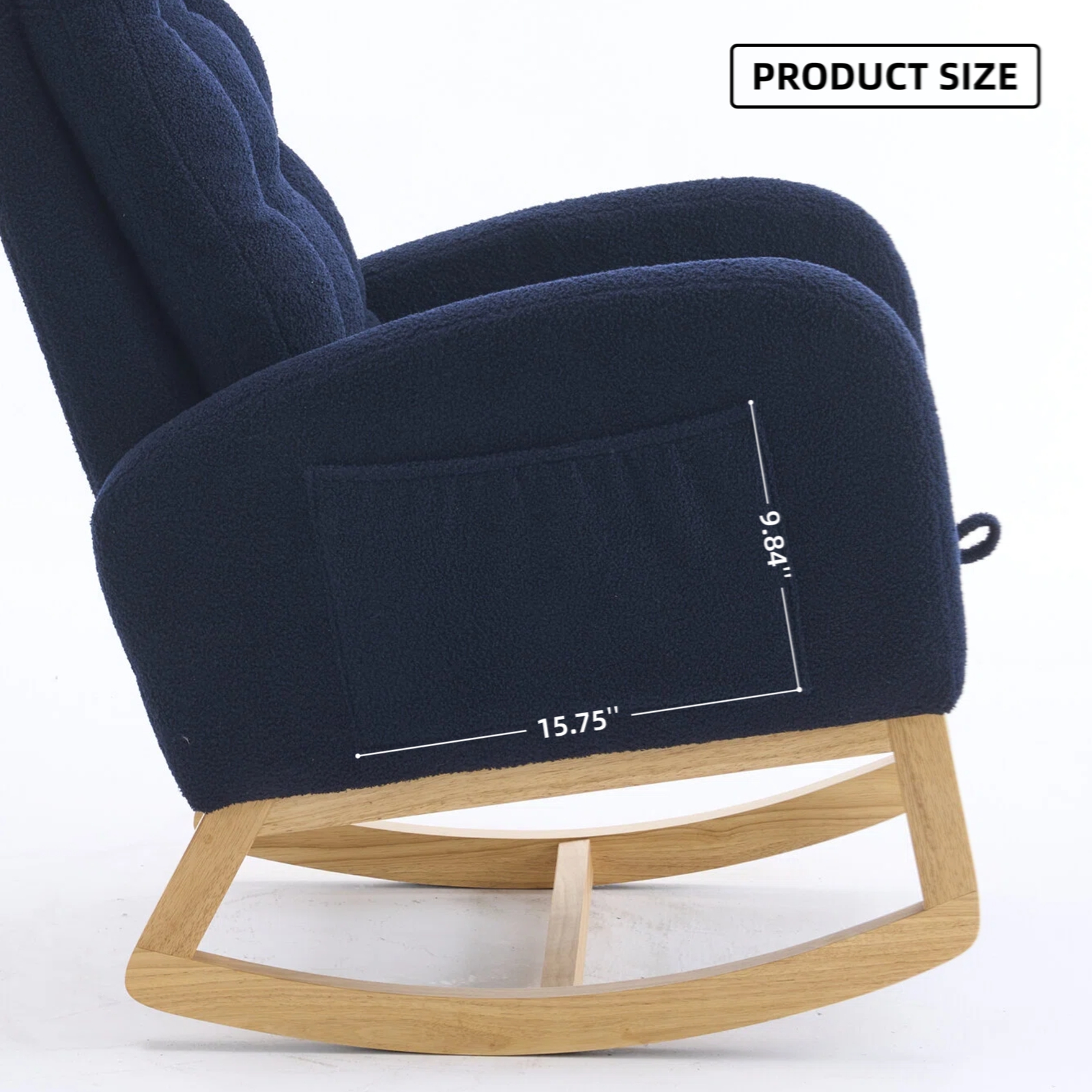 Accent Rocking Chair with Footrest & Storage Pocket, Deep Navy Blue High-Back Rocker, Rubber Wood Lounge Chair for Nursery Living Room