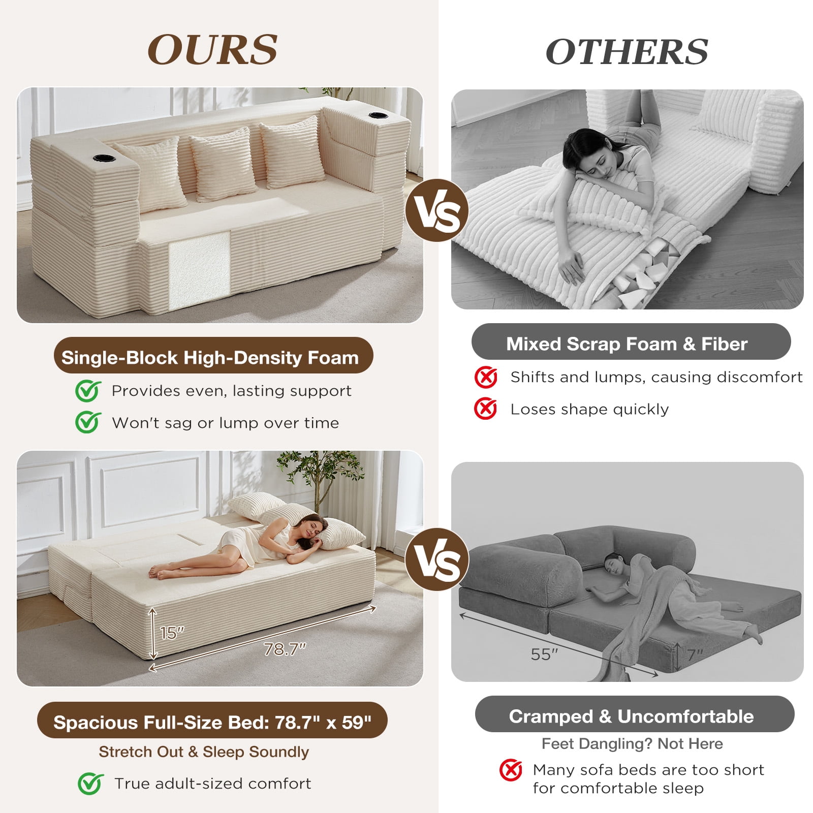 78.7'' Folding Sofa Bed with 2 Ottomans, 3-in-1 Convertible Foam Futon, Flip-Up Armrest with Cup Holder, Oeko-TEX Certified Corduroy, No Assembly Sleeper Couch for Small Space, Beige