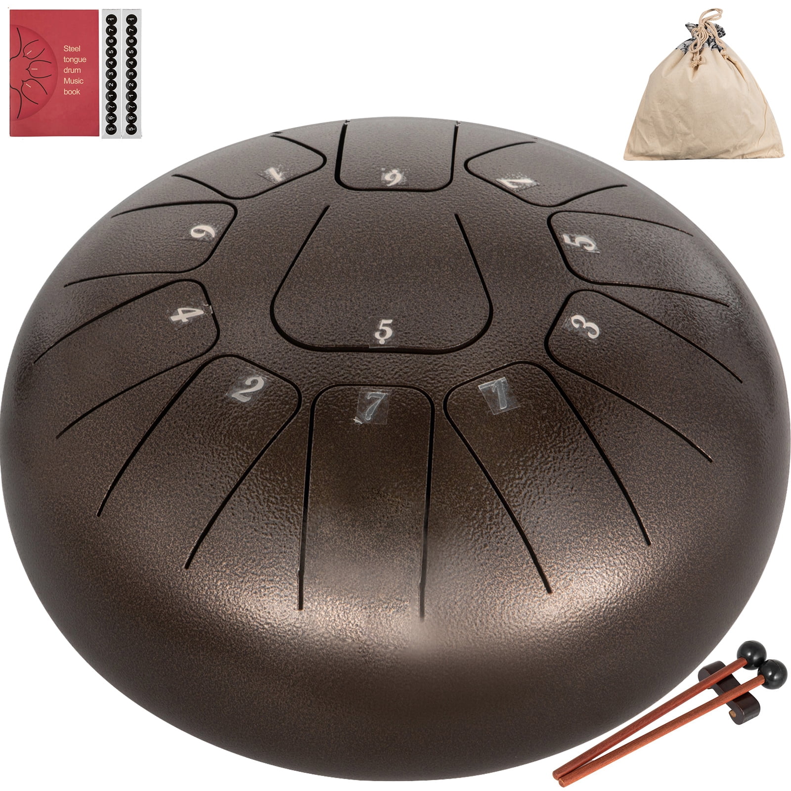 Design Steel Tongue Percussion Drum Brown Colored Hand Tank Drum Handpan 11 Notes Padded Travel Carrier+Mallet 12 