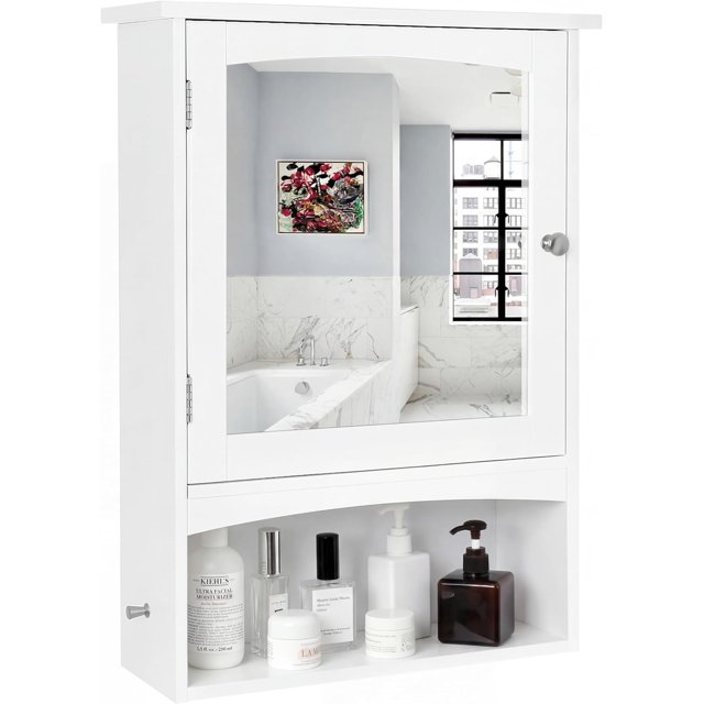 Espejo de Baño con Gabinete de Pared, Armario con Espejo y Compartimento Abierto, Ahorro de Espacio, Estilo Moderno, 48 x 16 x 65
