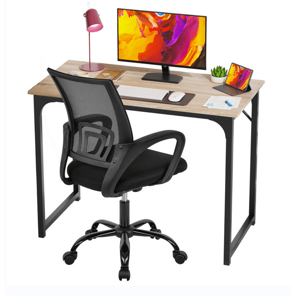 Computer Desk 39.4” Modern Simple Style with Metal Frame and Office Chair Ergonomic Desk Chair With Lumber Support Modern Adjustable Stool Rolling Swivel for Home Office Set