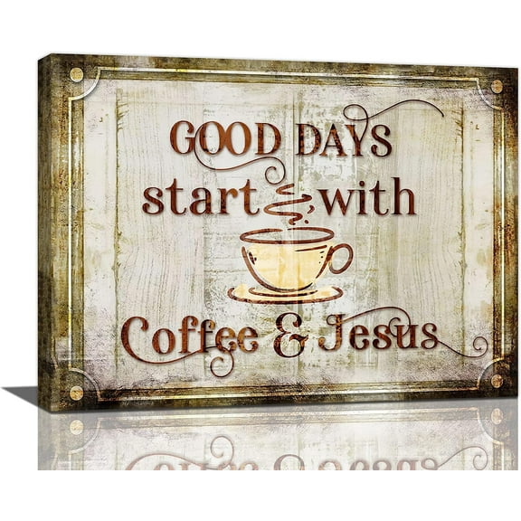 Christian Coffee Wall Art Gold Coffee Cup Pictures Wall Decor Vintage Kitchen Dining Room Coffee Painting Canvas Prints Modern Artwork Home Decorations for Kitchen Cafe Coffee Bar Framed 16"x12"