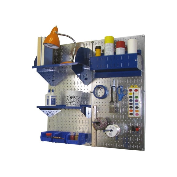 Wall Control Pegboard Hobby Craft Pegboard Organizer Storage Kit with Metallic Pegboard and Blue Accessories