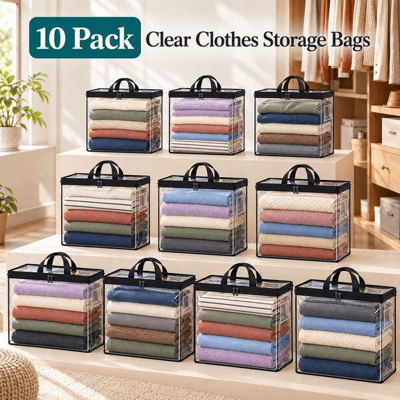 OZERA Under Bed Storage Bags Organizer, 22L Clear Zipper Storage Containers for Clothes, Sweaters, Shoes, Toys, Blankets, Sheets, Black, 10‑Pack
