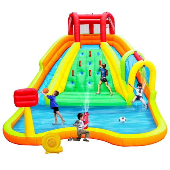 WELLFUNTIME Inflatable Water Slide Bounce House, Water Park for Kids Aged 3-10, Bouncy Castle with Blower, Splash Pool, Basketball Hoop for Backyard