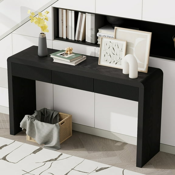 52.9" Rustic Console Table with 3 Fluted Drawers, Solid Wood Entryway Table with Natural Wood Grain, Sofa Table for Living Room, Hallway,Black