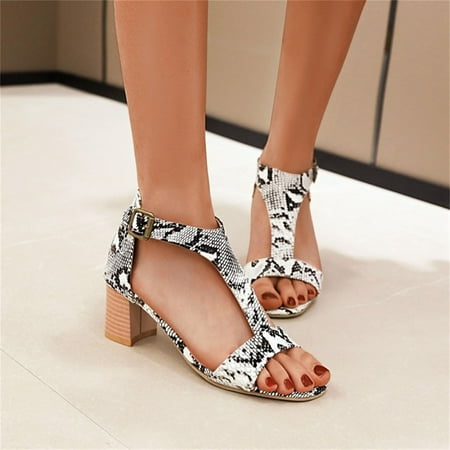 

Cathalem Ladies Fashion Snakeskin Leather Open Toe T Shaped Buckle Thick High Heeled Vintage Slide on Sandals for Women White 9