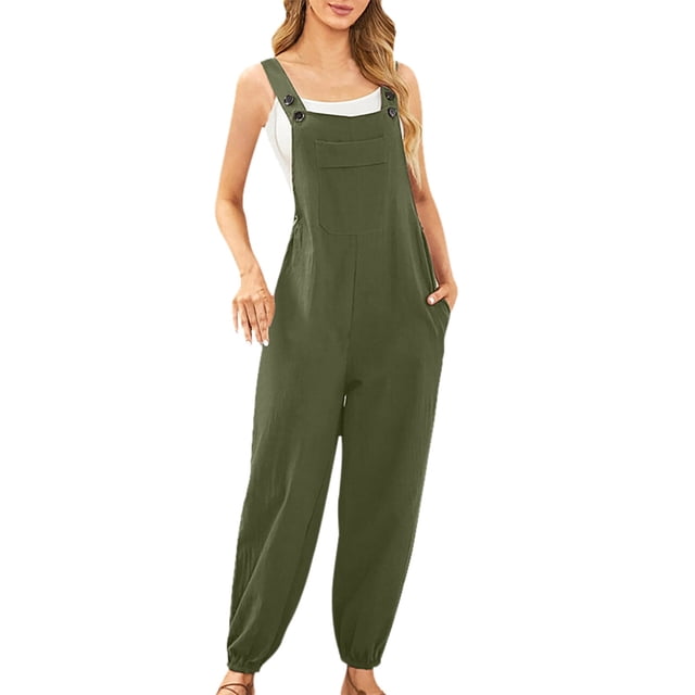Gibobby pantalones deportivos Mono sin mangas para mujer, mono informal liso de verano, pantalones con pechera, mono con botones y bolsillos con botones(Verde, M)