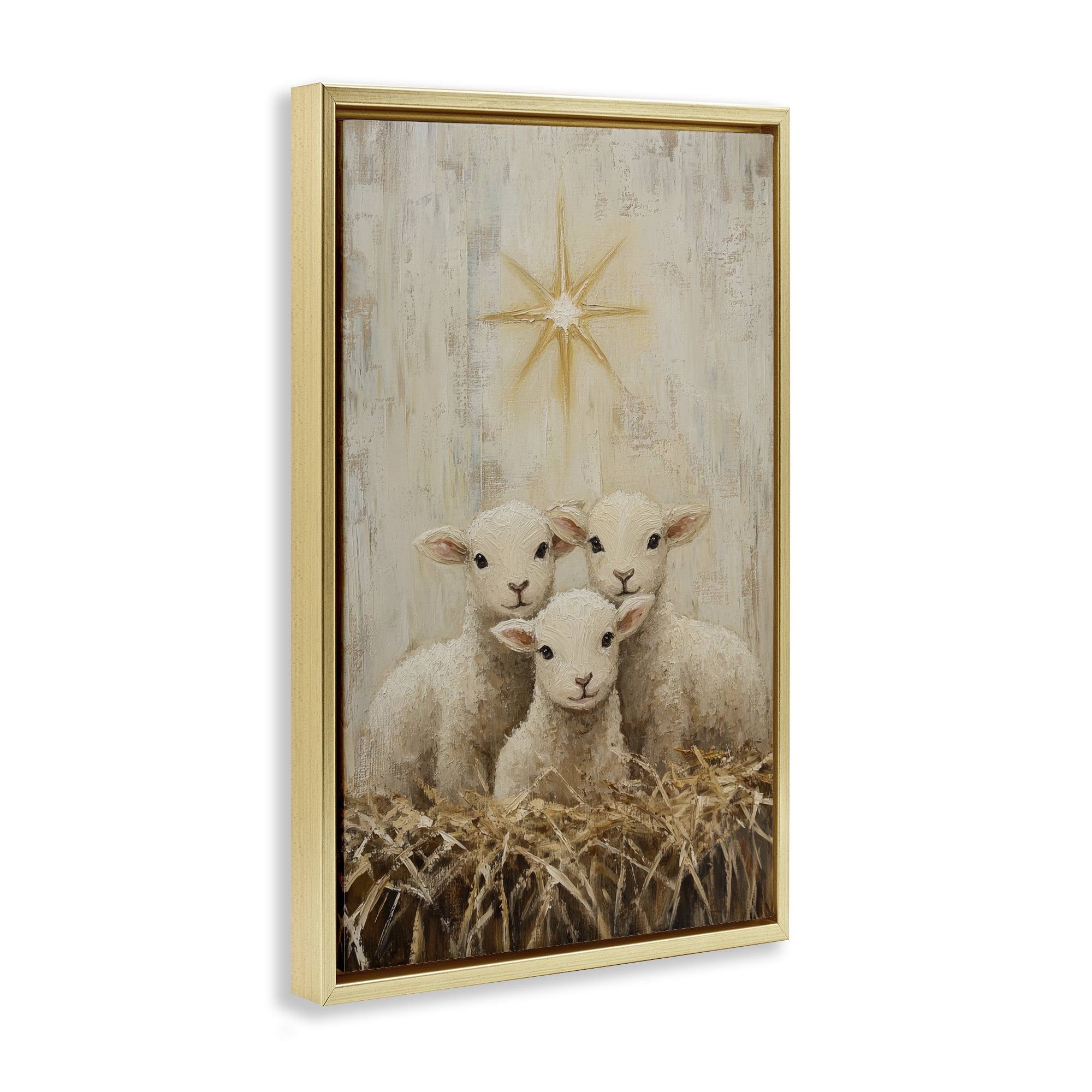 Christmas Lambs Trio Gold Framed Floater Canvas Wall Art, design by Petal Prints Design