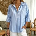 thumbnail image 5 of Qgtaibl Womens Striped Tunic Tops Trendy 3/4 Length Sleeve Lapel Half Button Down Shirts Lightweight Loose Fit Casual Blouse Light Blue S, 5 of 7