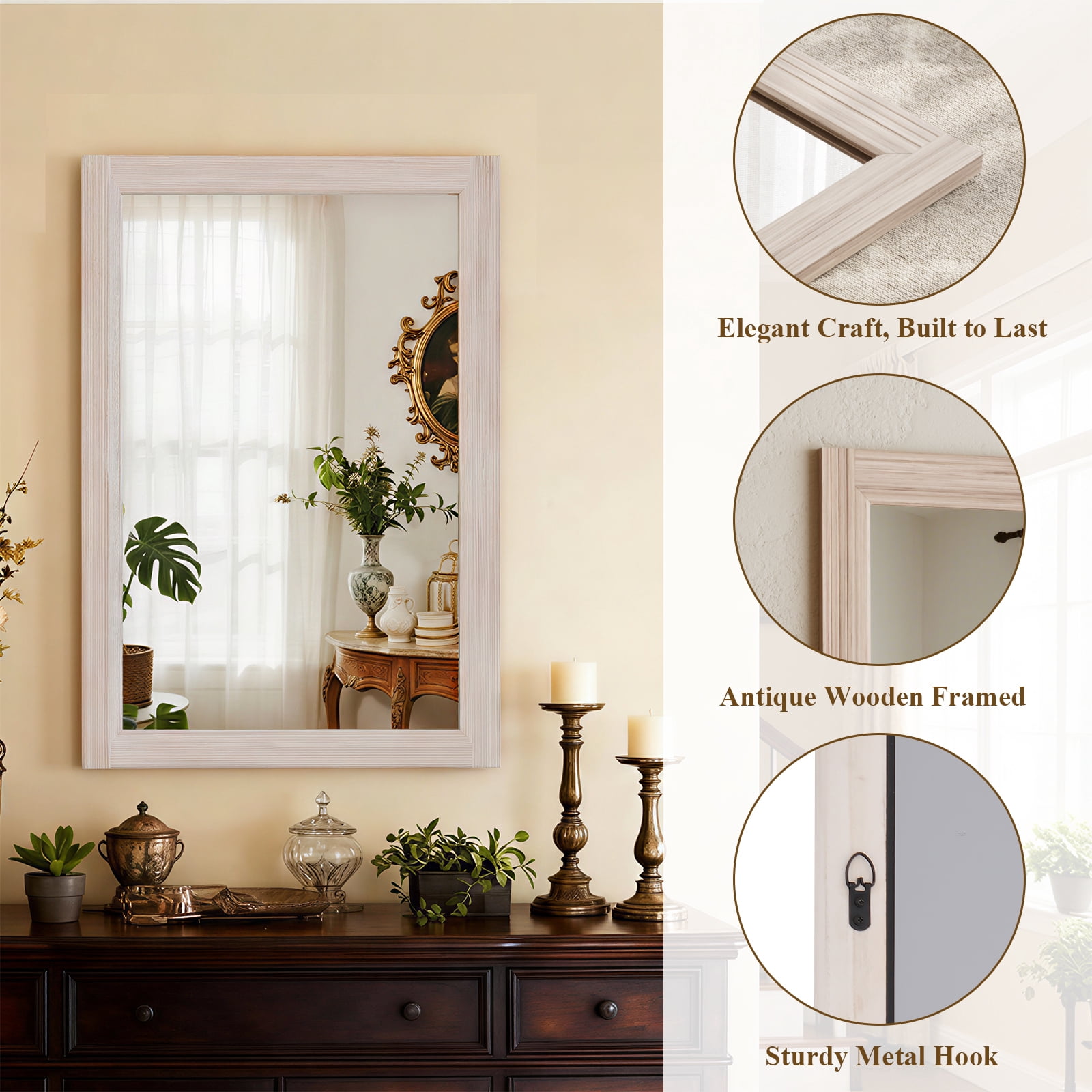 Easy4Home 40"x30" Rectangular Bathroom Mirror with Wooden Frame Decorative Wall Mounted Mirror, White