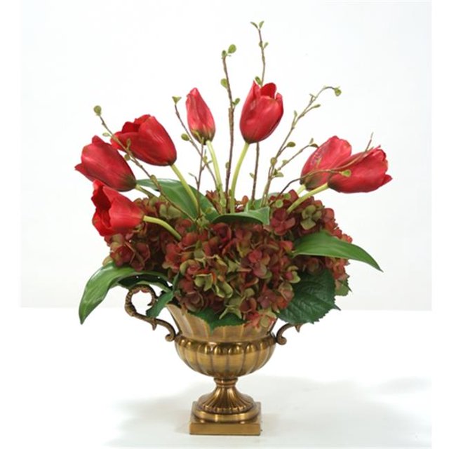 Distinctive Designs International 9036 Silk Burgundy Tulips And Rose Green Hydrangeas In Antique Brass Fluted Compote