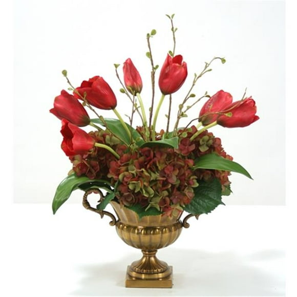 Distinctive Designs International 9036 Silk Burgundy Tulips And Rose Green Hydrangeas In Antique Brass Fluted Compote
