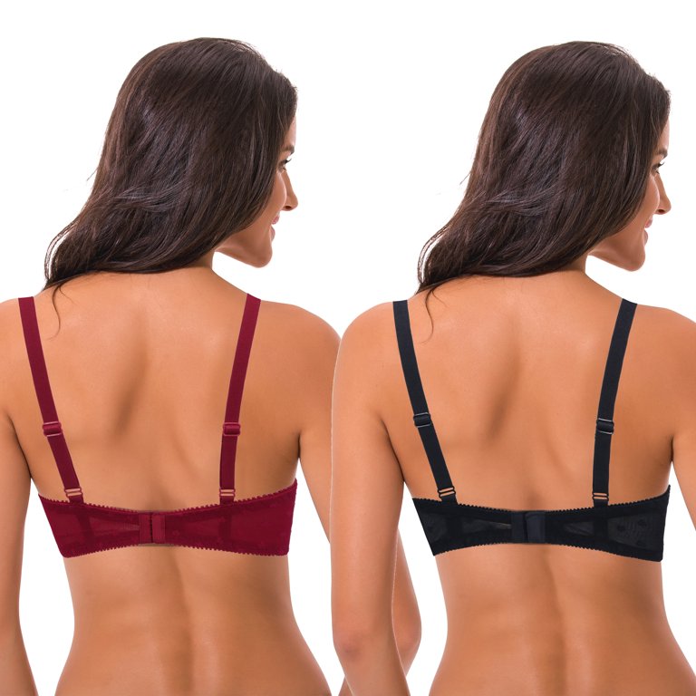 Curve Muse Women's Plus Size Unlined Balconette Underwire Sheer Lace  Bra-2PK-BLACK,RED-36B