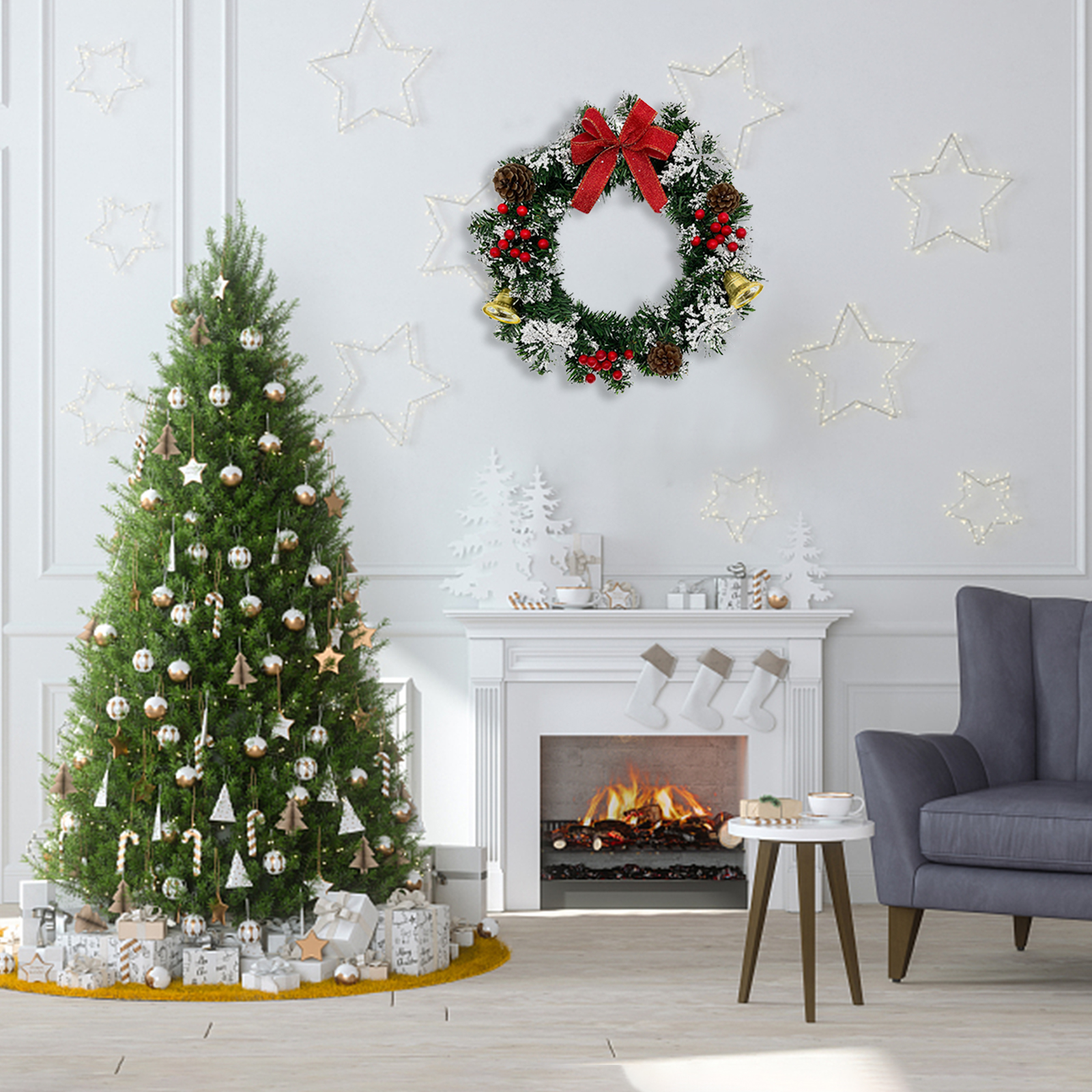 Couronne De Noël Artificielle Rouge Et Blanche 35 Cm - Décoration Porte, Fenêtre, Cheminée