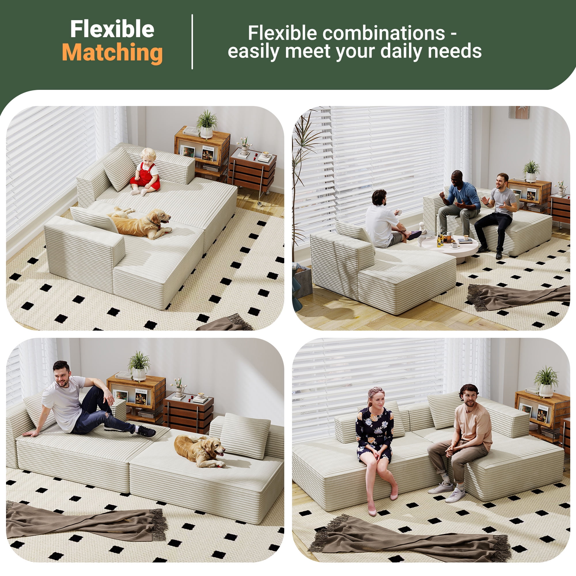 Meeyar 91" Boneless Modular Sectional Sofa with L Shaped Chaise, Cloud Couch for Living Room, Beige