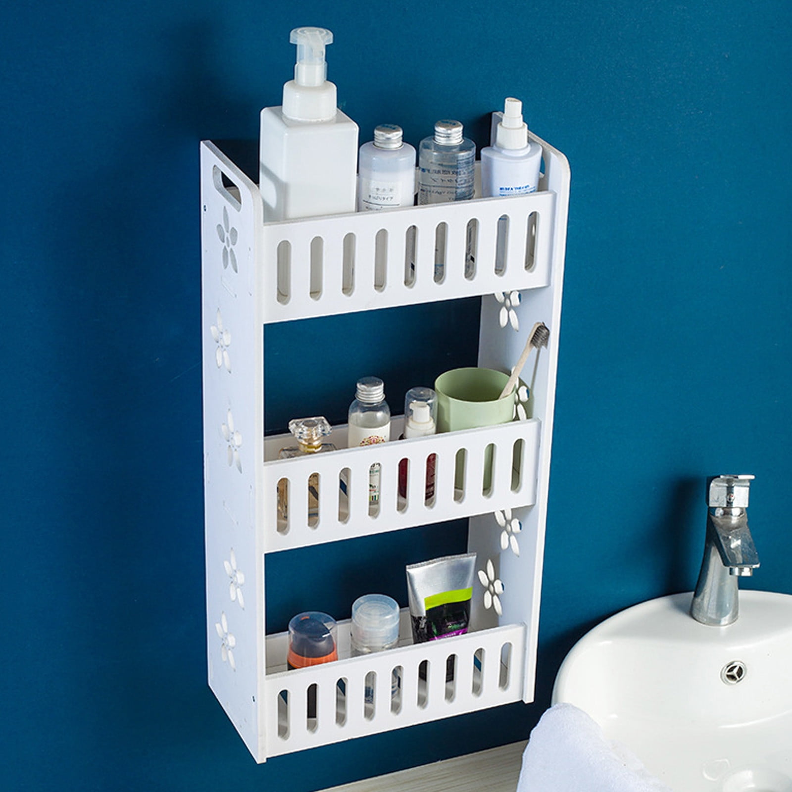 Gnmfd 3 Tier Wall Mounted Bathroom Organizer for Shower Storage, Space Saving Bathroom Rack for Shampoo Towels Toiletries, Rustproof Waterproof PVC, Apartment Dorm Laundry Room Storage Solution