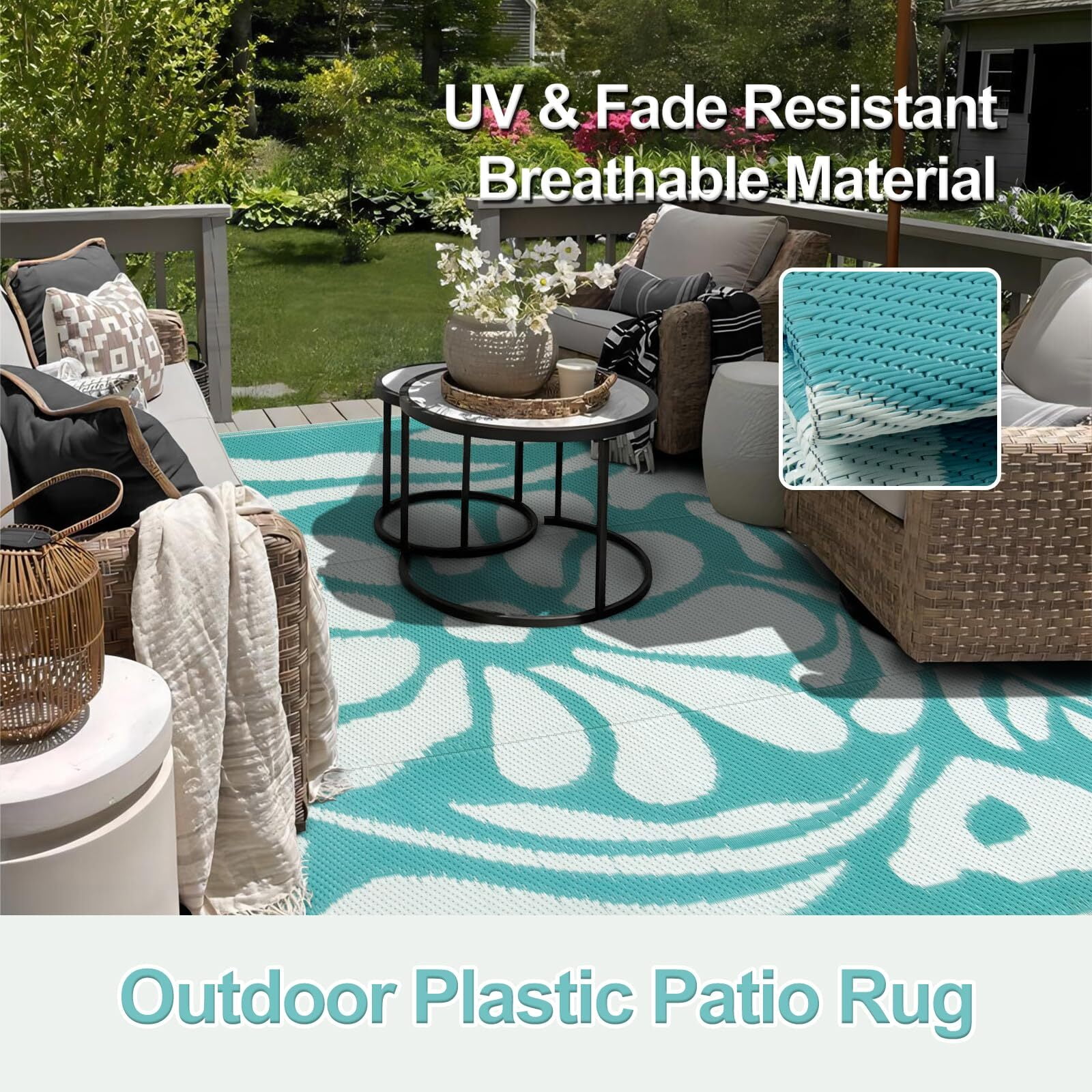 Lahome 5'x8' Waterproof Outdoor Mat - Reversible Plastic Straw Rug,Blue Floral Design for Backyard, Deck & Picnic (Blue Floral)