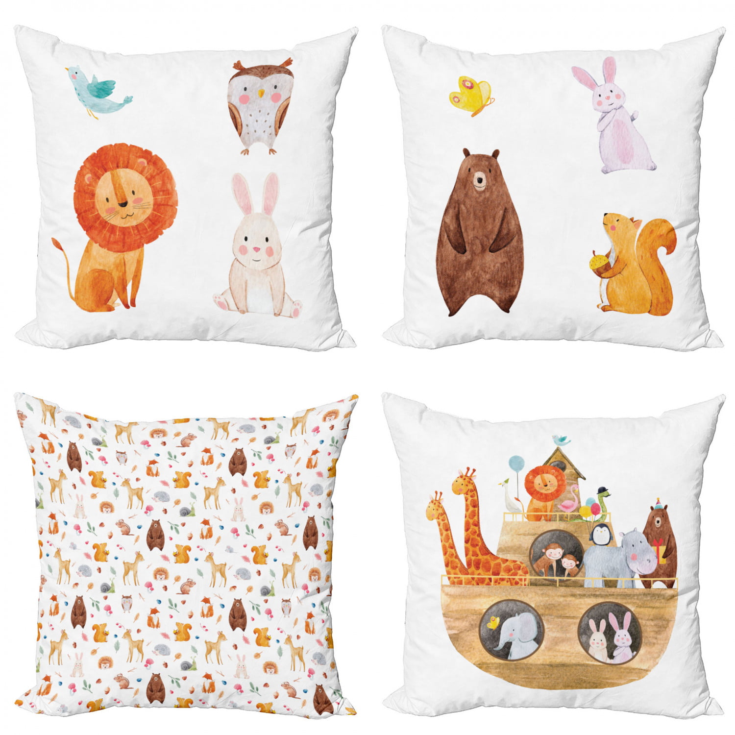 Nursery Throw Pillow Cushion Case Pack of 4, Woodland Friends Animals Lion  Bunny Owl Bird Squirrel Bear Giraffe in a Ship, Modern Accent Double-Sided  Digital Printing, Multicolor, by Ambesonne 