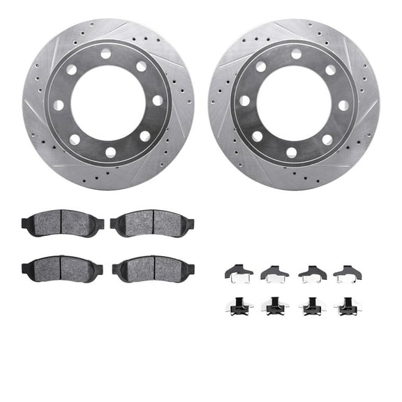 Dynamic Friction Company Rear Brake Rotors-Drilled and Slotted-Silver with Heavy Duty Brake Pads includes Hardware 7212-99202