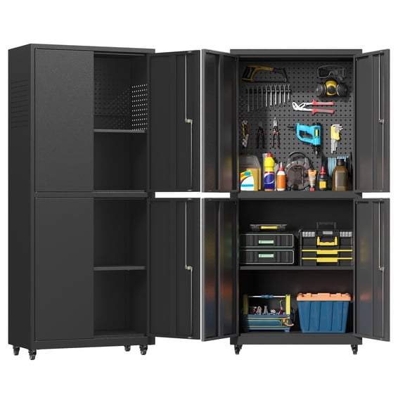 71" Heavy-Duty Metal Garage Storage Cabinet with Wheels, Adjustable Shelves & Hanging Tool Doors, 3.2 Cu Ft Capacity, Black Freestanding Organizer for Garage & Workshop