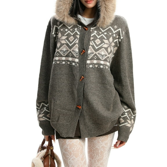 Women’s Faux Fur Trim Hooded Cardigan Sweater, Button Up Fair Knit Oversized Fall Winter Casual Lazy Style Coat Jacket