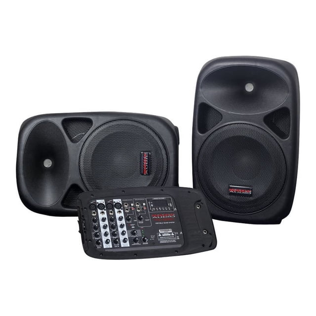 Ultra compact portable PA system w/2 speakers w/Bluetooth & 8-channel powered mixer w/(2x) 2 18 Foot Speaker Cables