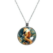Hippocampus Women's Circular Glass Pendant Necklace Jewelry
