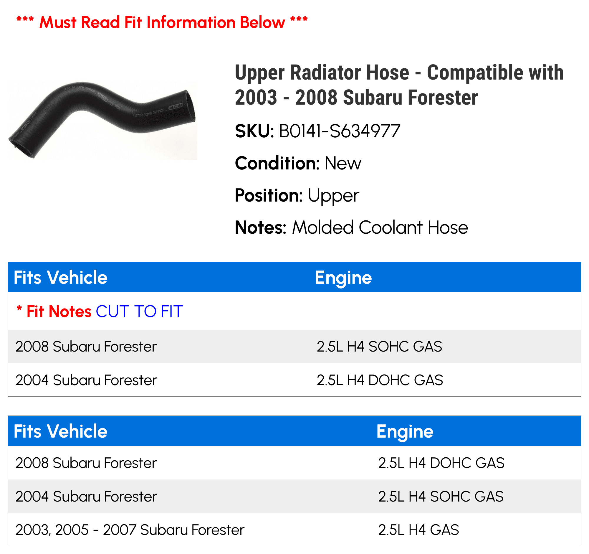 Upper Radiator Hose - Compatible with 2003 - 2008 Subaru Forester 2004 2005 2006 2007