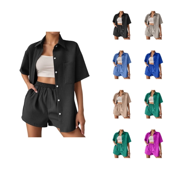Short Sets for Women Waffle Knit Loose Fit Short Sleeve Button Down Collared Shirt and Shorts 2 Piece Matching Set
