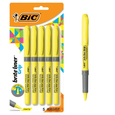 BIC Brite Liner Grip Yellow Highlighter, Chisel Tip, Non-Toxic, 5-Pack