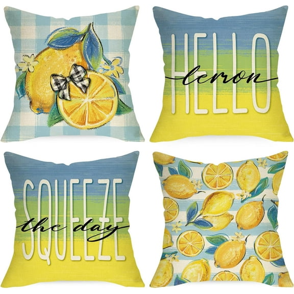 Hello Lemon Decorative Throw Pillow Covers 18 x 18 Set of 4, Spring Summer Squeeze The Day Seasonal Cushion Case Decor, Blue Plaid Stripes Farmhouse Home Decoration for Sofa Couch