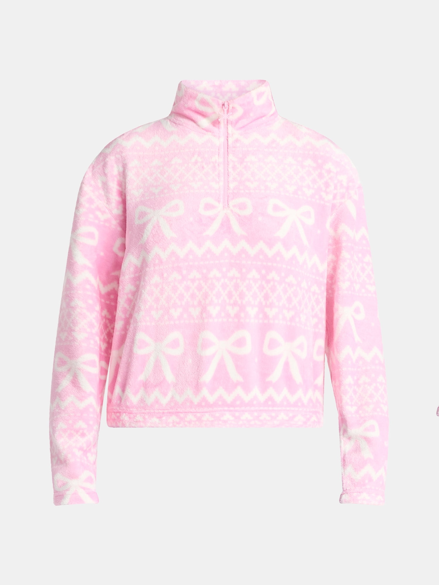 No Boundaries Christmas Quarter Zip Mock Neck Plush Top with Long Sleeves, Women's
