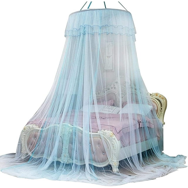 Canopée de Lit Moustiquaire, 360 ° Simple Couleur Ronde Canopée Dentelle de Style Princesse Moustiquaire Rideau de Lit, Moustiquaire Pliable pour Lits Simples à Très Grand Size, Maison, Bleu