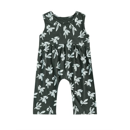 

Bagilaanoe Baby Girls Summer Jumpsuit Leaf Print Sleeveless Round Neck Long Romper for 3-24 Months