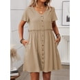 thumbnail image 3 of Women A Line Dress Bamboo Cotton V Neck Short Sleeve Summer Mid Length Loose Fit, 3 of 7